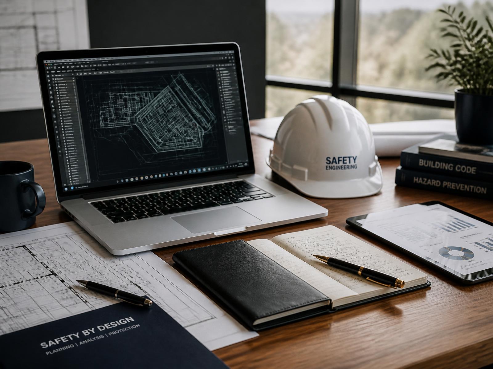 Mesa técnica com notebook, plantas, capacete e caderno de anotações