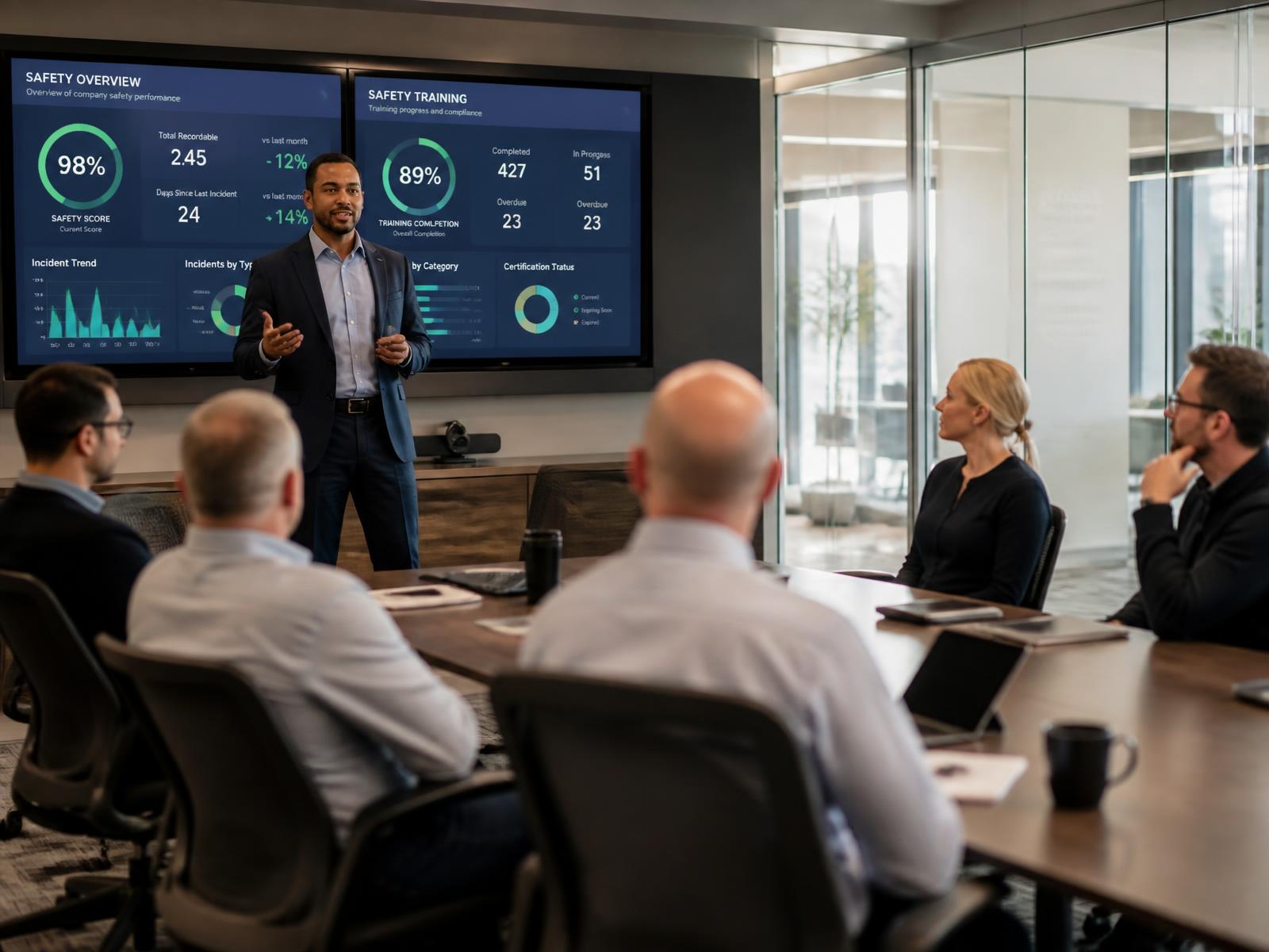 Instrutor conduzindo treinamento corporativo de segurança para lideranças em sala executiva com painéis digitais