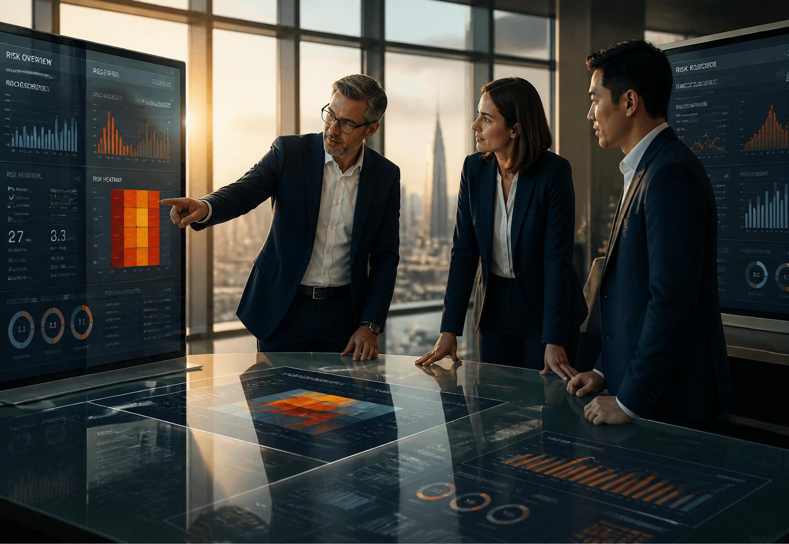 Diretores analisando indicadores de risco em painéis executivos