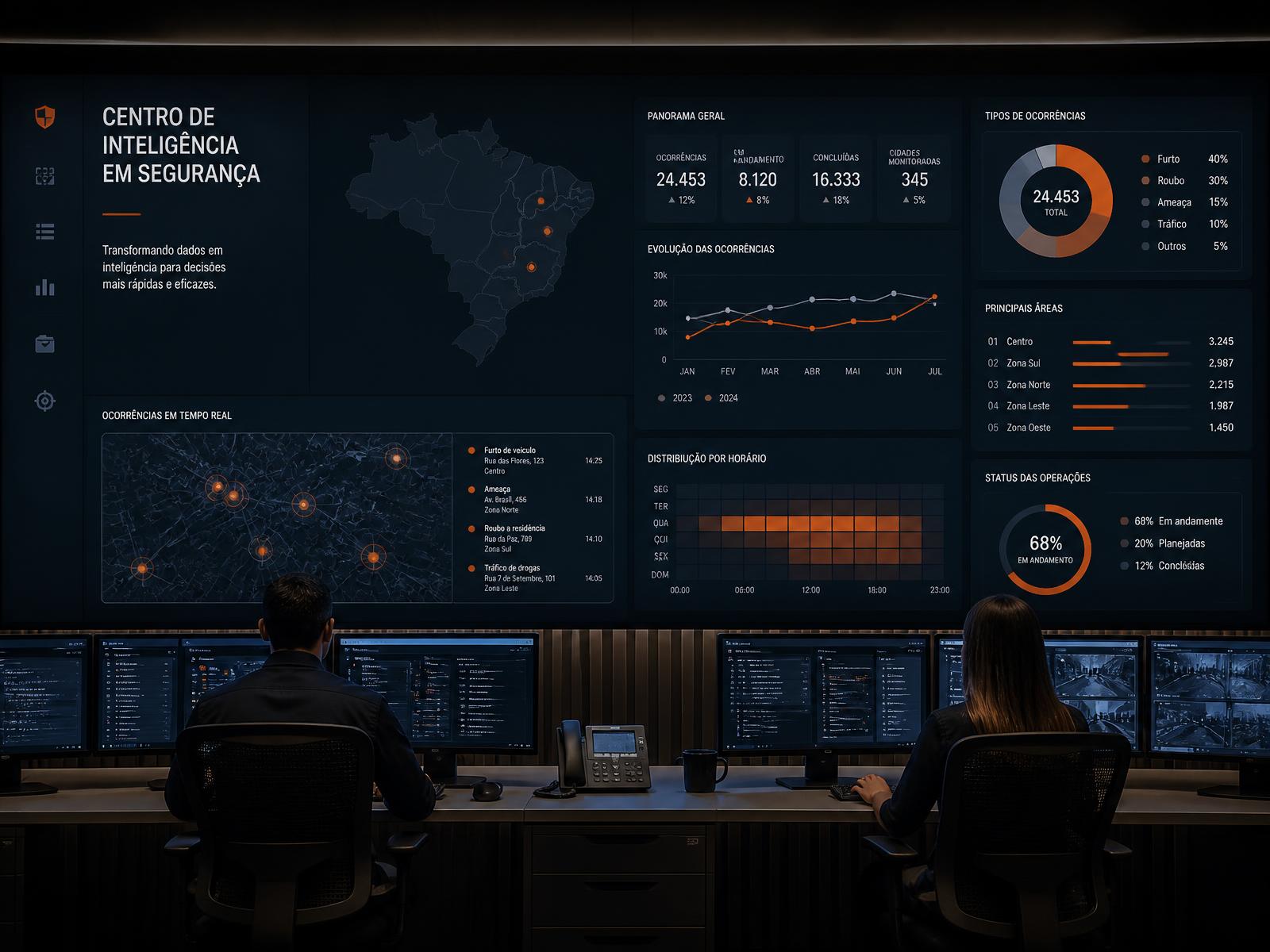 Centro de inteligência em segurança com painéis de indicadores, mapa do Brasil e análise de dados em tempo real