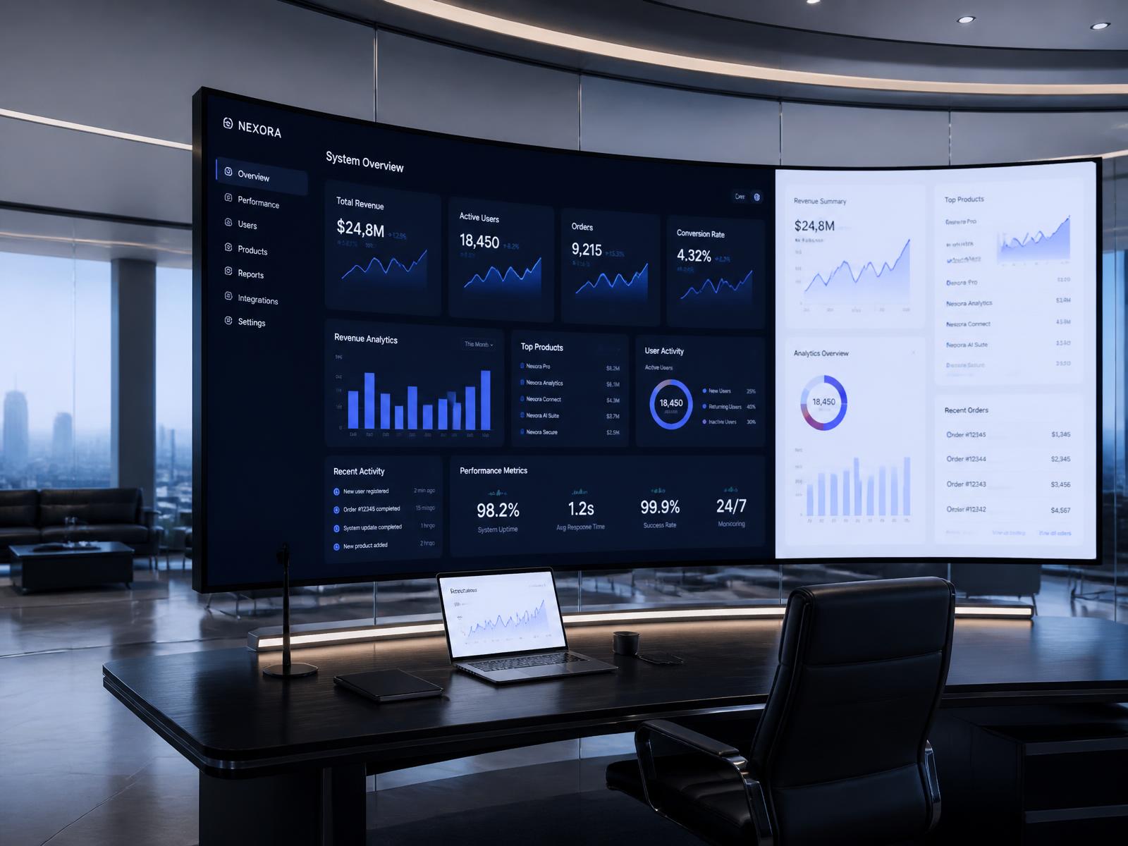 Centro de comando com painéis de indicadores e interface de plataforma digital