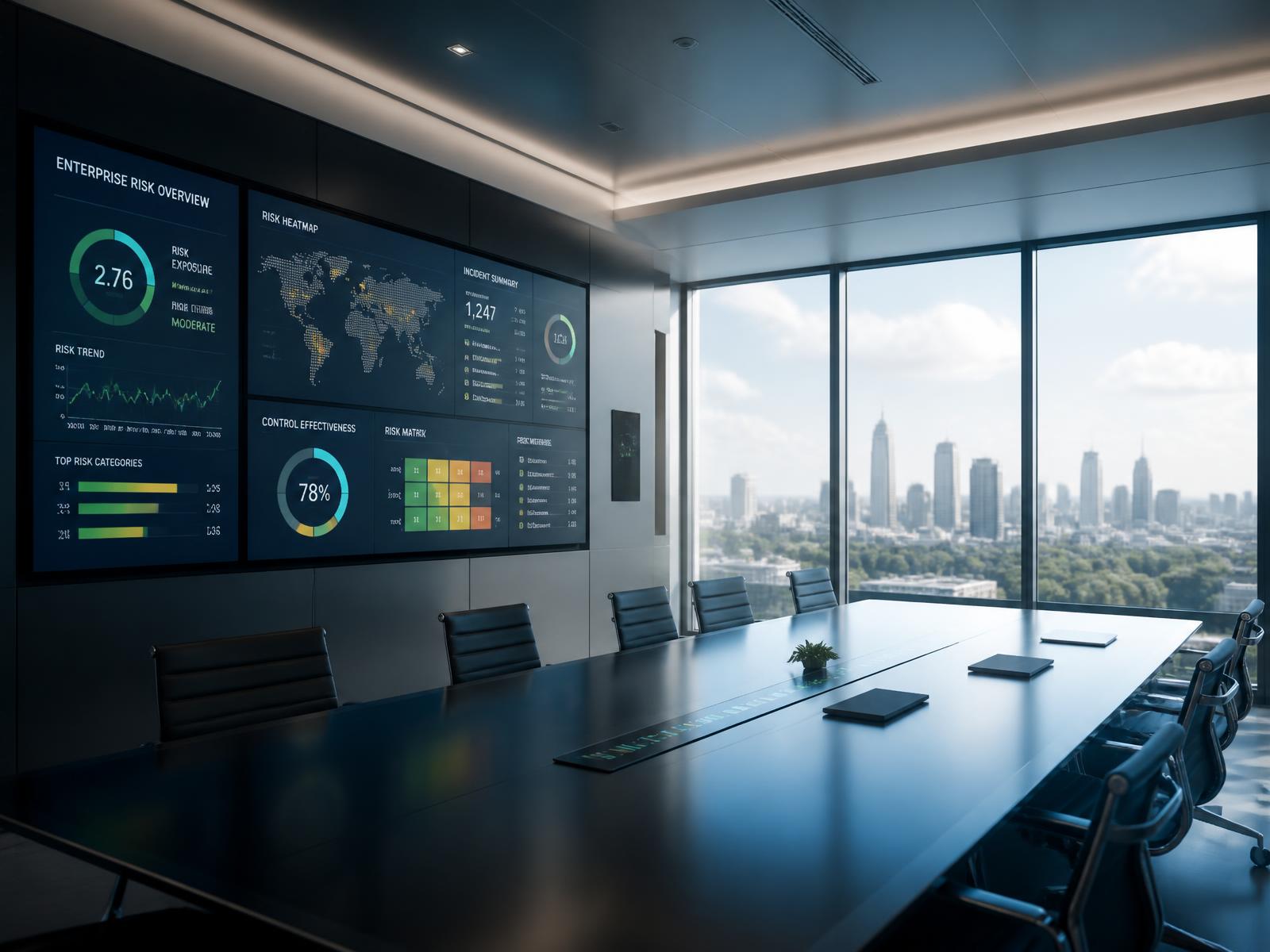 Sala de decisões corporativa com painéis de indicadores de risco e análise de dados de engenharia