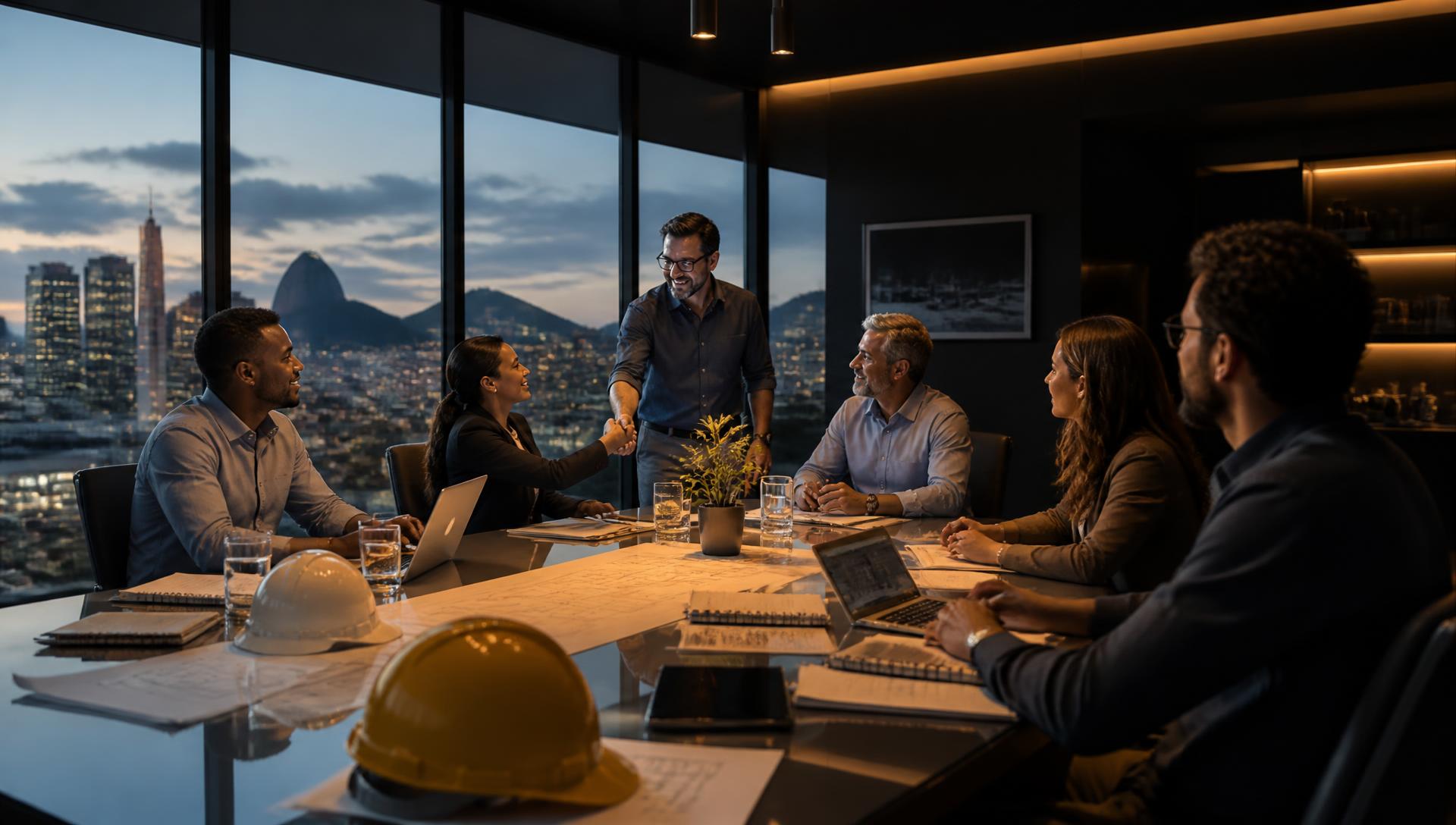 Executivos e consultores em reunião estratégica de parceria