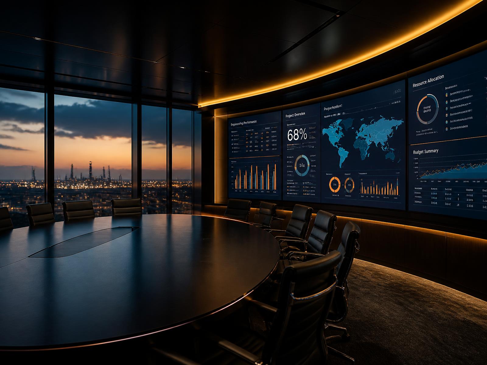 Sala de decisões com painéis inteligentes exibindo indicadores de engenharia e risco